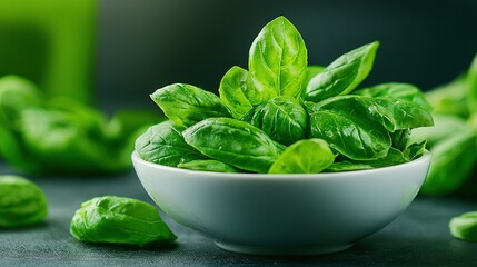 Wall Mural -   A white bowl sits atop a black table, brimming with green leaves, alongside a mound of green foliage