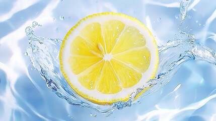 Sticker -   A slice of lemon submerged in water with a splash of water at the base of the image, showing only the top half of the lemon