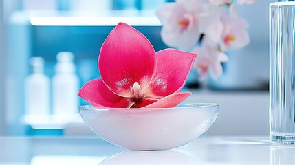 Canvas Print -   A pink flower in a white bowl beside a glass of water and a pink vase filled with flowers