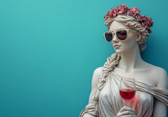 Wall Mural - Arrogant portrait of a sculpture of Aphrodite in fashionable sunglasses with wine glass in hand on blue background with copy space