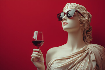 Wall Mural - Arrogant portrait of a sculpture of Aphrodite in fashionable sunglasses with wine glass in hand on red background with copy space