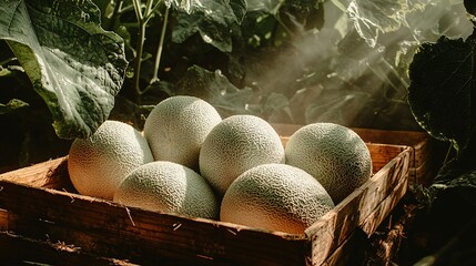 Sticker -   Crate of cantaloupe on leafy green plant under the sun