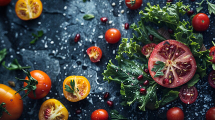 Close up of fresh tomatoes, lettuce and pomegranate seeds on textured dark background