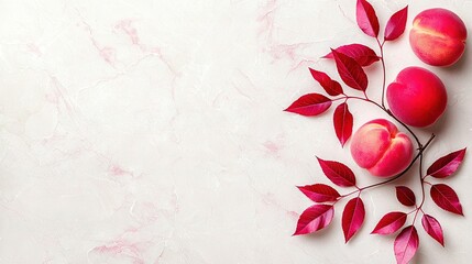 Sticker -   Three peaches on a white countertop with a red leafy branch nearby