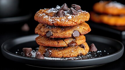 Wall Mural -   A stack of chocolate chip cookies on a black plate sprinkled with powdered sugar and chocolate chips