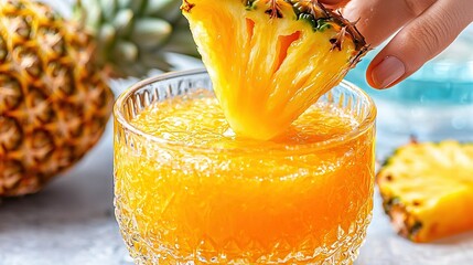 Wall Mural -   A person holding a pineapple over a glass of orange juice with a pineapple on the side of the glass is an image that may represent summer or tropical drinks It could also suggest a healthy