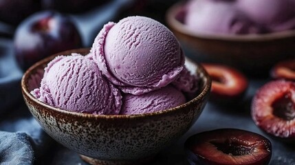 Sticker -   A bowl of ice cream sits beside bowls of sliced plums and plum slices