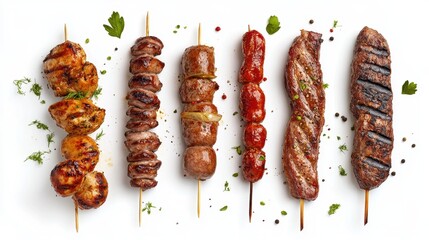 A variety of grilled meat dishes on skewers, showcasing different flavors and textures, perfect for a summer barbecue celebration