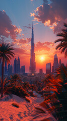 Wall Mural - Skyline of Dubai at sunset or dusk, view from Arabian Desert