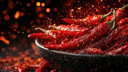   A close-up of a red chili pepper bowl on a black surface with water droplets