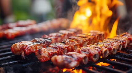 Banner BBQ Barbecue grilled meat stick on fire flame hot charcoal cooking outdoor. Banner Beef grilling picnic rib smoke bacon american cuisine. Grill pork heat bbq rack fire flame.