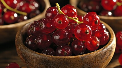 Sticker -   Wooden bowl full of cherries on table with other cherry bowls nearby