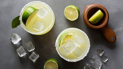 Wall Mural - Top view of margarita cocktails with pieces of lime, ice cubes and wooden squeezer on grey tabletop