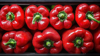 Poster -   A cluster of red bell peppers stacked on top of each other inside a dark container with water droplets on the lid