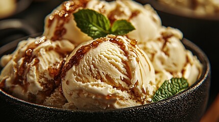   Two scoops of ice cream in a black bowl with a green leaf on top