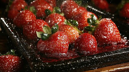 Canvas Print -   Strawberries on table with water droplets