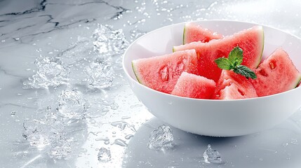 Wall Mural -   A white bowl holds watermelon slices on a marble counter near a splash of water