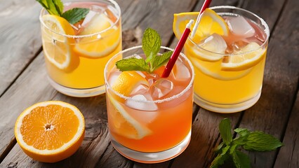 Close up view of summer fresh cocktails with lemon and orange pieces, mint, life holidays cocktails lettering isolated on white