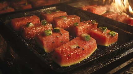 Wall Mural -   Watermelon cubes resting on a stove with a burning fire in the backdrop