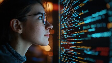A programmer intently examining lines of code on a large, high-resolution display, their face illuminated by the glow of the screen