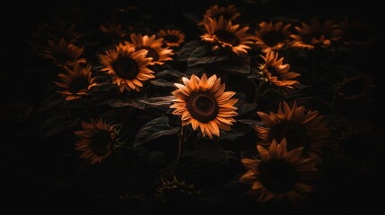 Poster -   A cluster of sunflowers illuminates in the night with a candle's glow on a table