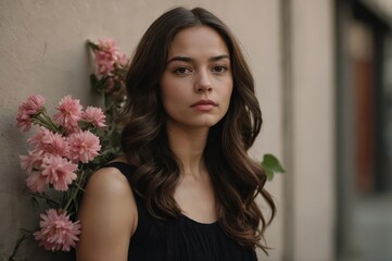 Wall Mural - young woman walking in alley with flowers
