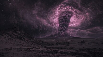 Canvas Print -  A photo of a volcano erupting in black and purple smoke against a starlit sky