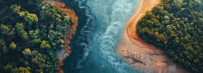 Aerial View of a River Separating Two Lush Forests