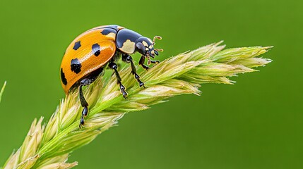 Sticker -   A pair of ladybugs perched atop a lush green stalk of grass against a verdant backdrop