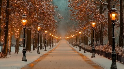 Wall Mural -   A snow-covered street, lined with trees and illuminated by lamps on either side