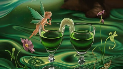 Two glasses of green absinth with fairy