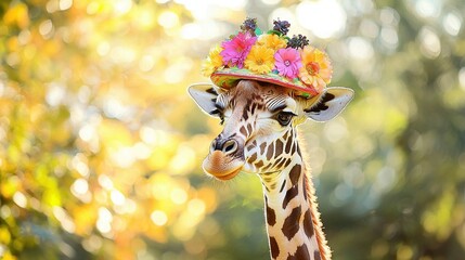 Canvas Print -   A giraffe dons a floral-crowned hat while standing against a tree in the background