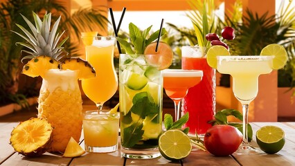 Wall Mural - Party cocktails and longdrinks garnished with fruits for summer