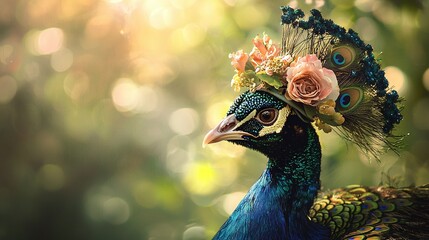 Poster -   A peacock adorned with a floral crown rests against a tree backdrop