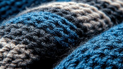 Poster -   A close-up of a blue and gray knitted blanket with a crochet design