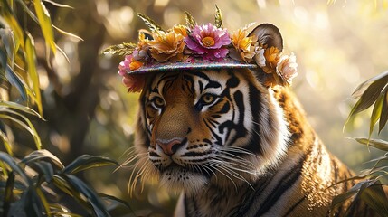 Sticker -   A close-up of a tiger wearing a floral hat on its head