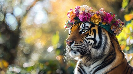 Sticker -   A close-up of a tiger wearing a flower crown on its head, with a tree in the background