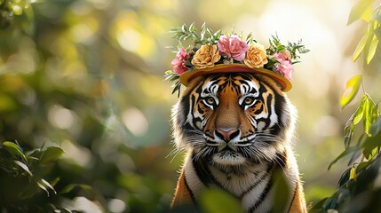 Poster -   A close-up of a tiger wearing a hat adorned with flowers, gazing intently at the camera