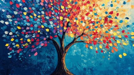 A vibrant abstract painting depicting a tree with colorful leaves against a blue background. The tree symbolizes growth, change, nature, hope, and renewal.