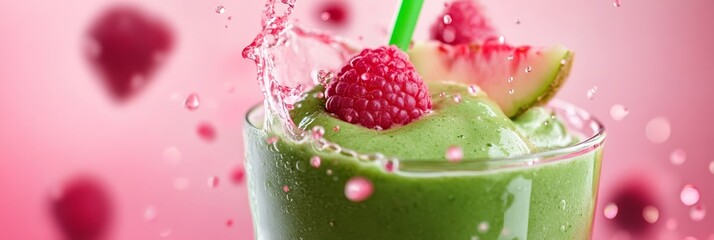 A vibrant green smoothie topped with juicy pink fruits, a splash of water creates a dynamic and refreshing image. The smoothie is a symbol of healthy living, deliciousness, and natural ingredients. Th