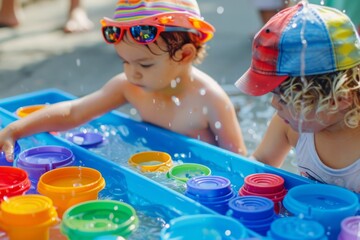 Children playing with colorful plastic cups in water. Outdoor summer sensory play activity for toddlers. Generative AI