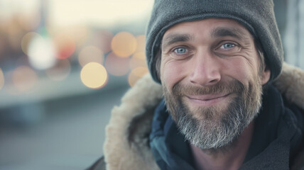 Wall Mural - Man with blue eyes and a grey beard smiling warmly at the camera wearing a beanie and a hooded jacket with a blurred urban background and bokeh lights