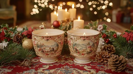 Wall Mural -   A few white cups rest atop a table near cones and Christmas ornaments