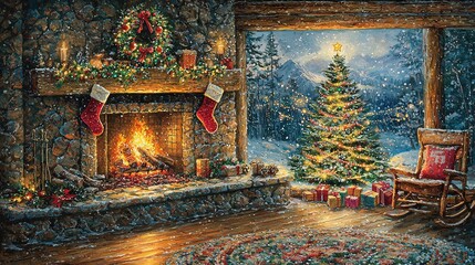  Painting of a fireplace with Christmas tree & rocking chair