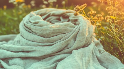 Poster -   A scarf on a blanket in a field of wildflowers, photographed from close up