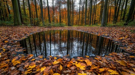 Poster -   A pond reflects trees and leaves in the heart of a forest, surrounded by leafy foliage