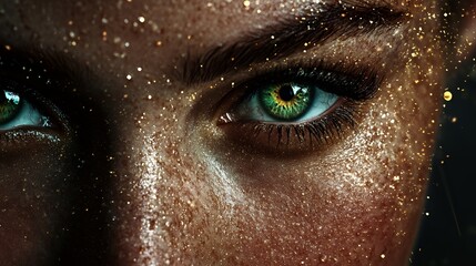 Wall Mural - Close-up of a person's eye adorned with glitter, showcasing vivid colors and textures.