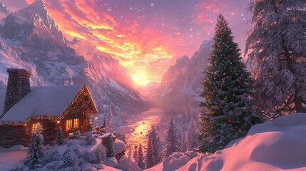 Poster -   A winter scene painting featuring a cozy cabin in the foreground and a serene lake at its center captures the beauty of nature during the colder months