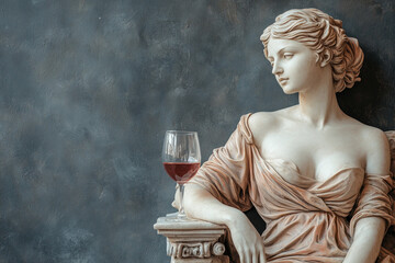 Wall Mural - Antique statue of a woman with wine glass in hand on gray background with copy space 