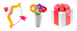 © Aney - love emoji 3d icons set, 3d render cartoon icon. cupid bow, flowers and gift emoji. valentine’s day icons isolated transparent background.